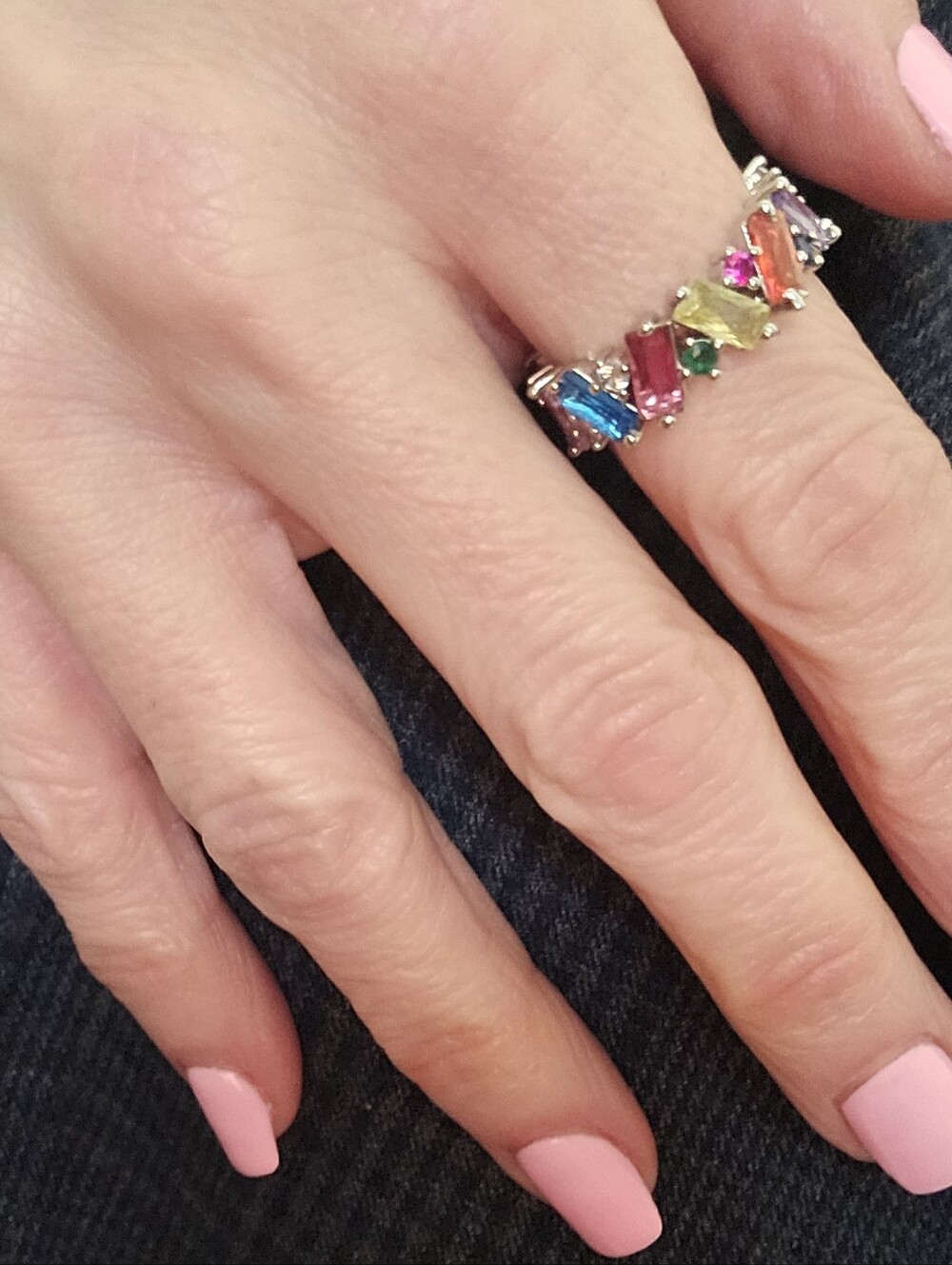 Rainbow Multicolor Gemstone Full Eternity Ring Gold Plated Stainless Steel Sz 7